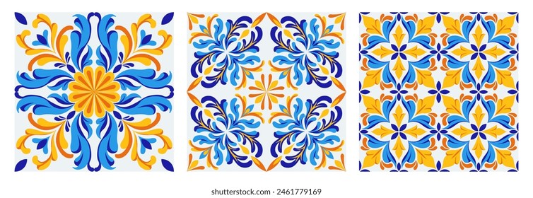 Italian ceramic tile pattern. Mediterranean porcelain pottery. Ethnic folk ornament. Mexican talavera, portuguese azulejo, spanish majolica, arabesque motif. Vector illustration