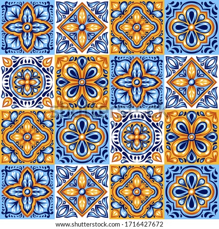 Italian ceramic tile pattern. Mediterranean porcelain pottery. Ethnic folk ornament. Mexican talavera, portuguese azulejo or spanish majolica.
