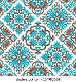 Italian ceramic tile seamless pattern. Mediterranean porcelain pottery. Ethnic folk ornament. Mexican talavera, portuguese azulejo or spanish majolica.