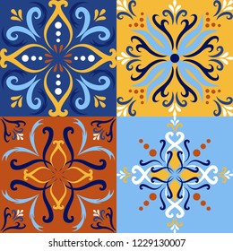 Italian ceramic tile set seamless pattern backgrounds. Traditional ornate talavera decorative color tiles azulejos. Spanish, Italian, Portuguese, Turkish motifs floral mosaic. Ethnic ornament vector