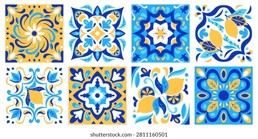 Italian ceramic tile with traditional Mediterranean pattern in blue and yellow colors. Decorative porcelain design with floral motifs, citrus elements and vintage ornament for wall and floor decor.