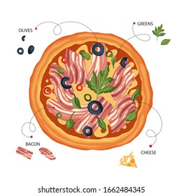 Italian cheese bacon pizza vector poster illustration. Delicious tasty snack card with meat, olives, basil and parsley. Flat design.
