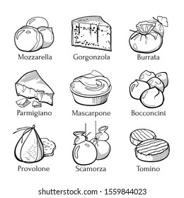 Italian cheese doodle set with names. Hand drawn sketch of traditional product. Outline illustration for menu and recipes.