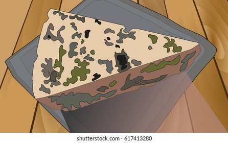 Italian cheese Gorgonzola on  a board for serving from slate. Vector illustration.