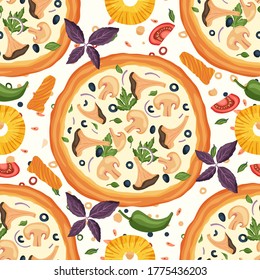 Italian cheese mushroom pizza vector illustration with chanterelles and champignons. Delicious tasty snack seamless pattern with pineapple, tomato, pepper and olives, Flat design.