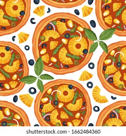 Italienische Ananas Pizza Vektorillustration Illustration. Köstliche leckere Snacks nahtlos Muster. Flaches Design. Pizzaehlspeise - Ananas, Oliven, Grün und Mais.