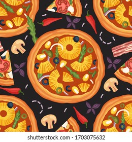 Italian cheese pineapple pizza vector illustration. Delicious tasty snack with chili pepper, olives, basil, onion and mushrooms seamless pattern. Flat design background.