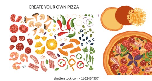 Italian cheese pizza creator vector illustration. Delicious tasty snack with mushroom and chili pepper. Create your own pizza. Flat design. Baked cake and ingredients - tomato, salami, basil and fish.