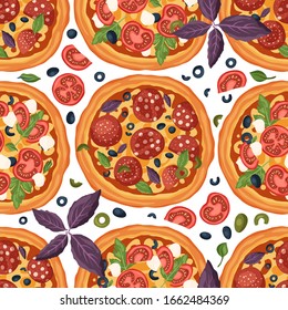 Italian cheese pizza vector illustration. Margherita and salami seamless pattern. Delicious tasty snack with basil, mozzarella, olives and meat. Flat design.