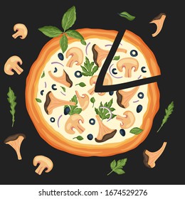 Italian cheese pizza vector illustration. Delicious tasty mushroom snack card with chanterelles champignons and herbs. Flat design.