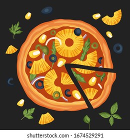 Italian cheese pizza vector illustration. Delicious tasty snack card. Flat design. Pizza meal poster with food ingredient - pineapple, olive, greens and corn.