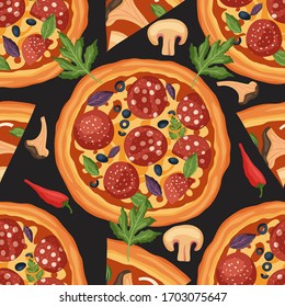 Italian cheese pizza vector illustration. Delicious tasty snack with salami, mushrooms, parsley and chili pepper seamless pattern. Flat design background.
