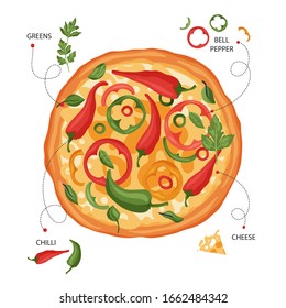 Italian cheese vegan pizza vector poster illustration. Delicious spicy chili pepper tasty snack card. Cayenne flat design.