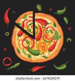 Italian cheese vegan pizza vector poster illustration. Delicious spicy chili pepper tasty snack card. Cayenne flat design.