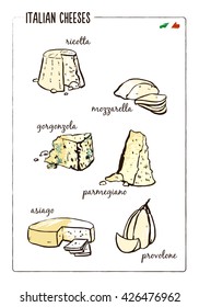 Italian cheeses collection on white background. Ricotta, mozzarella, gorgonzola, parmegiano, asiago, provolone. Can be used as a restaurant menu illustration, streetline, flyer, table tent, placemat.