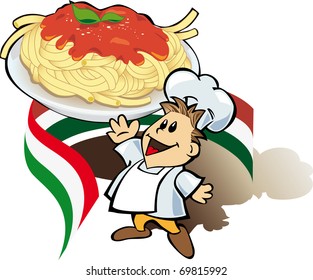 Italian chef cook with giant spaghetti plate