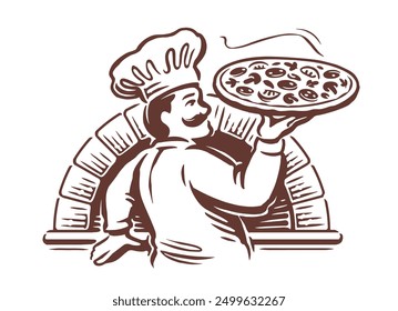 Cocinero chef italiano sosteniendo pizza caliente con horno tradicional. Restaurante Emblema o logotipo de comida italiana