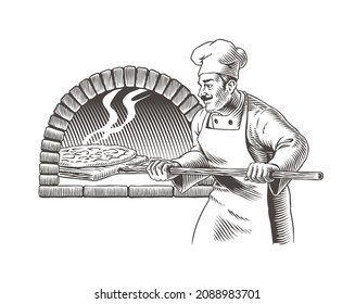 Italian chef cook, pizza and oven. Pizza maker or pizzaiolo engraving style vector illustration.