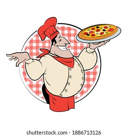 Italian chef with a freshly baked pizza. Cartoon illustration.