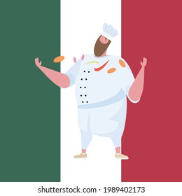 Italienischer Koch, der beim Kochen eine Attraktion hat. Flaches Vektorgrafik-Design.