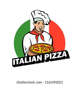 Italian chef holding a delicious pizza. Vector logo of the pizzeria.