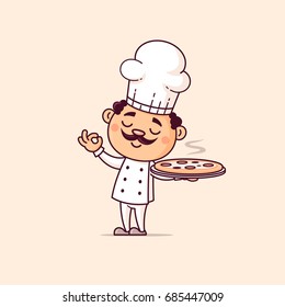 Italian Chef Holding Hot Pizza Vector Cartoon Illustration