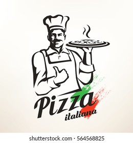 Italian Chef Holding Pizza, Stylized Vector Silhouette.