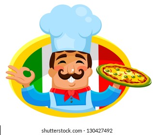 Italian chef holding a plate of pizza (JPEG available in my gallery)