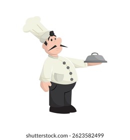 Italian chef holding tray. Vector illustration