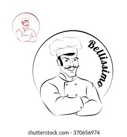 Italian chef. logo for restaurant. Bellissimo. Sign for a bakery or Cafe. Chef with crossed hands. Professional Cooking meal.
