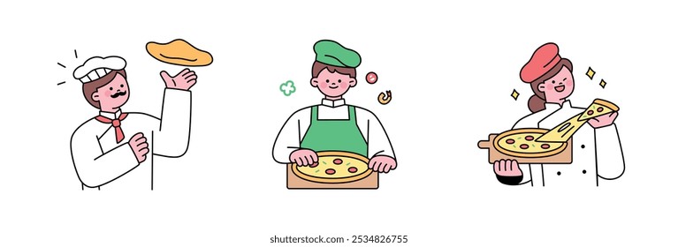 Un chef italiano está haciendo una pizza. Ilustración de la parte superior del cuerpo del personaje lindo con el contorno.