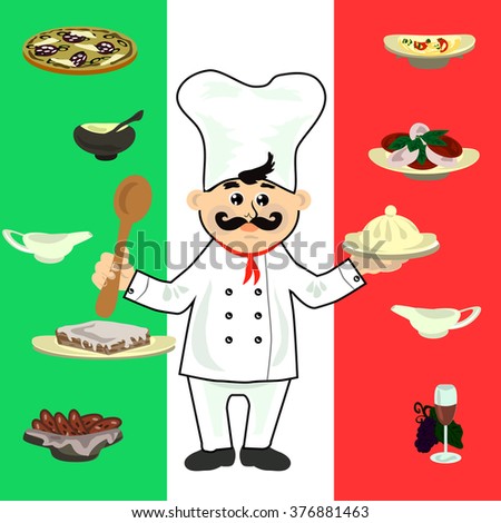 Italian chef with a meal on the background of the Italian flag, pizza, caprese, sauce, pasta, biscotti, tiramisu.