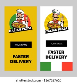 Italian chef with a mustache holding a delicious pizza. Italian pizza, traditional national dish. Vector emblem.