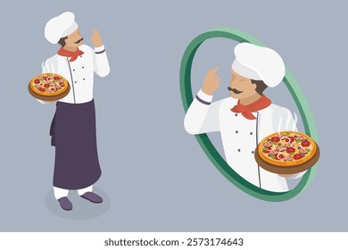 Italian chef with pizza. 3d vector flat isometric illustration.