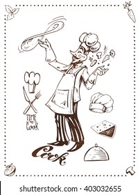 Italian chef - pizza. hand-drawn ink. isolated vector. Cartoon vintage style. calligraphic time to cook. logo. menu design, cafe, restaurants and pizzerias. print packaging