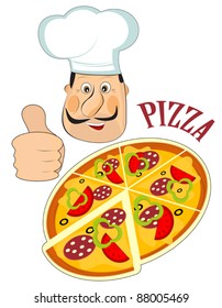 Italian chef and a pizza isolated on white background