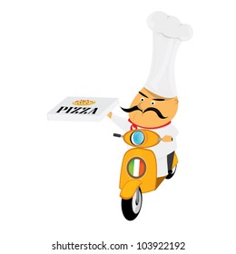 italian chef with pizza on scooter. pizza delivery icon. vector illustration.