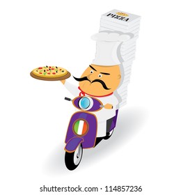 italian chef with pizza on scooter. pizza delivery icon. vector illustration.