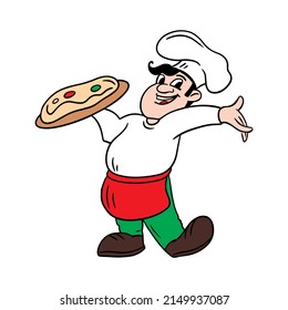 Italian chef with a pizza. Pizzaiolo vector illustration.