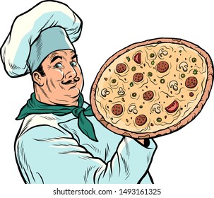 Italian Chef With Pizza. Pop Art Retro Vector Illustration Drawing