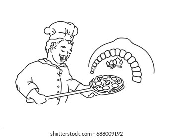 Italian chef (pizzaiolo) baking pizza. Vector Illustration.