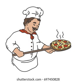Italian chef (pizzaiolo) baking pizza. Vector Illustration.