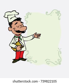 Italian chef points, relaxed, with a book in his hand. Is showing, as if he were in front of a blackboard, the data you want.
