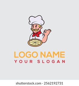 Italian Chef Presenting Delicious Pizza- Logo  Funny cook or chef with pizza Pizzeria, fast food logo or label. Happy chef holding pizza and scapula in hands. Vector illustration 