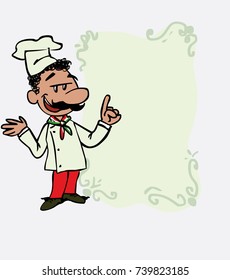 Italian chef relaxed, speak content. Is showing, as if he were in front of a blackboard, the data you want.