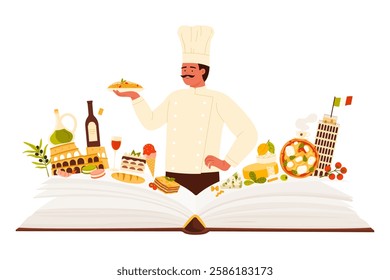 Italian chef surrounded by famous dishes, ingredients, and landmarks. Celebrating Italy culinary heritage and cultural icons, vector illustration.