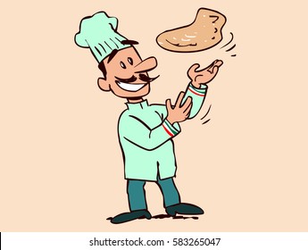 Italian chef tossing pizza dough into the air while kneading it.