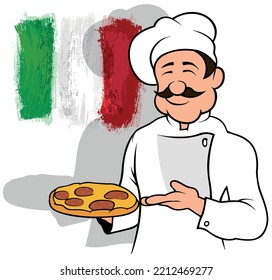 Italian Chef in White Uniform Presenting Delicious Pizza - Colored Cartoon Illustration Isolated on White Background, Vector