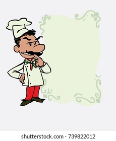 Italian chef worried and doubtful. Is showing, as if he were in front of a blackboard, the data you want.