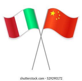 Italian and Chinese crossed flags. Italy combined with China isolated on white. Language learning, international business or travel concept.